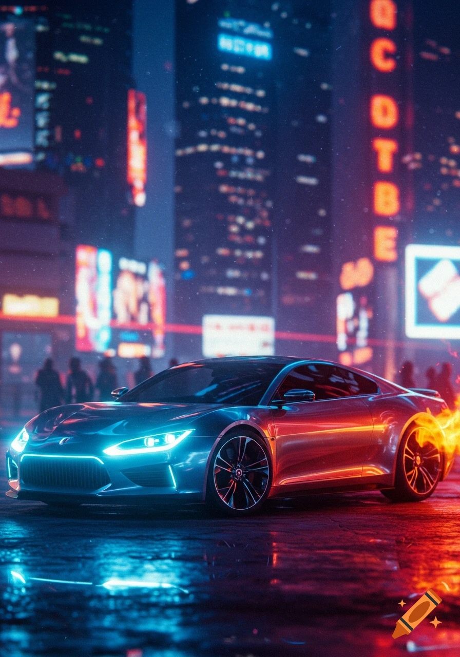 A futuristic sports car with glowing blue headlights and red accents on a wet city street at night, surrounded by neon lights.