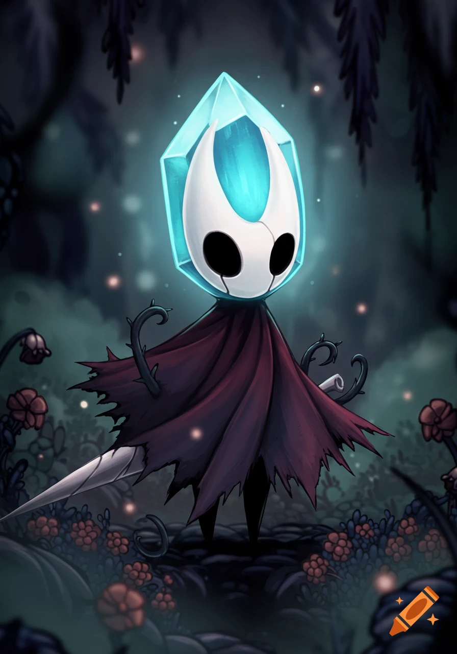 A stylized character with a white mask face and glowing blue crystal head, wearing a dark red cloak, stands in a dark forest with vines and flowers.
