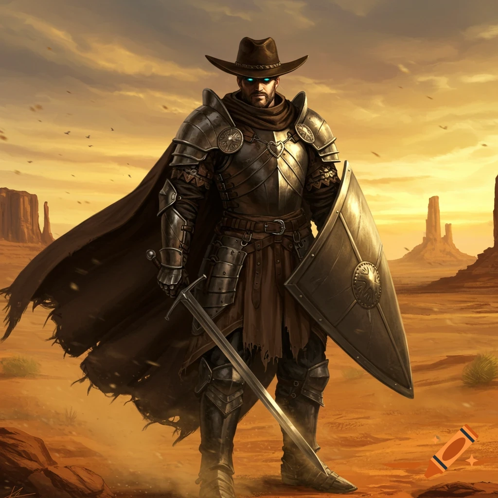 A fantasy warrior in elaborate armor and a cowboy hat stands in a desert with a sword and shield.