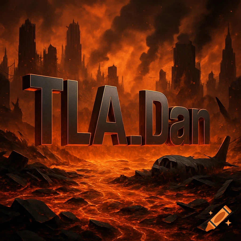 3D text "TLA.Dan" floats above a landscape of molten lava with silhouetted, broken city buildings and a crashed plane under a fiery, smoky sky.