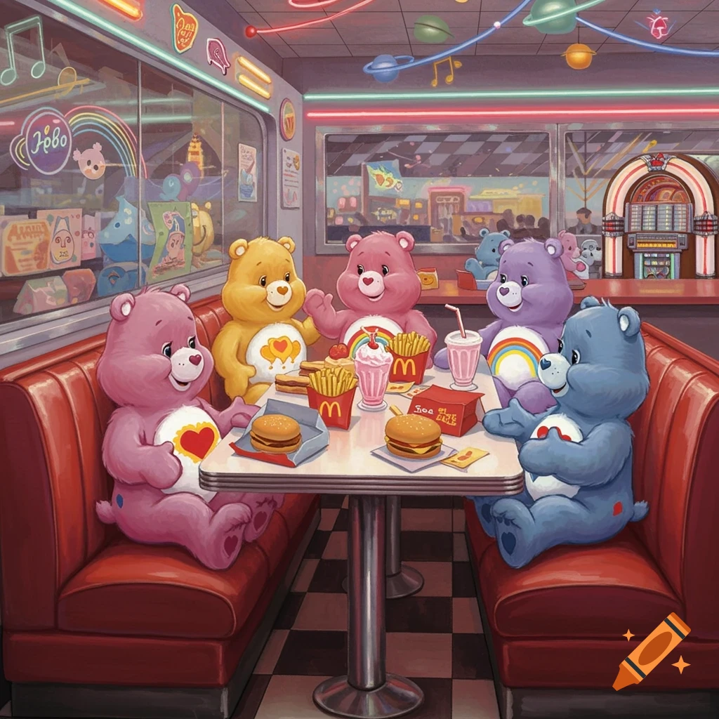 Care Bears sitting at a diner table eating fast food, rendered in an 80s retro style.