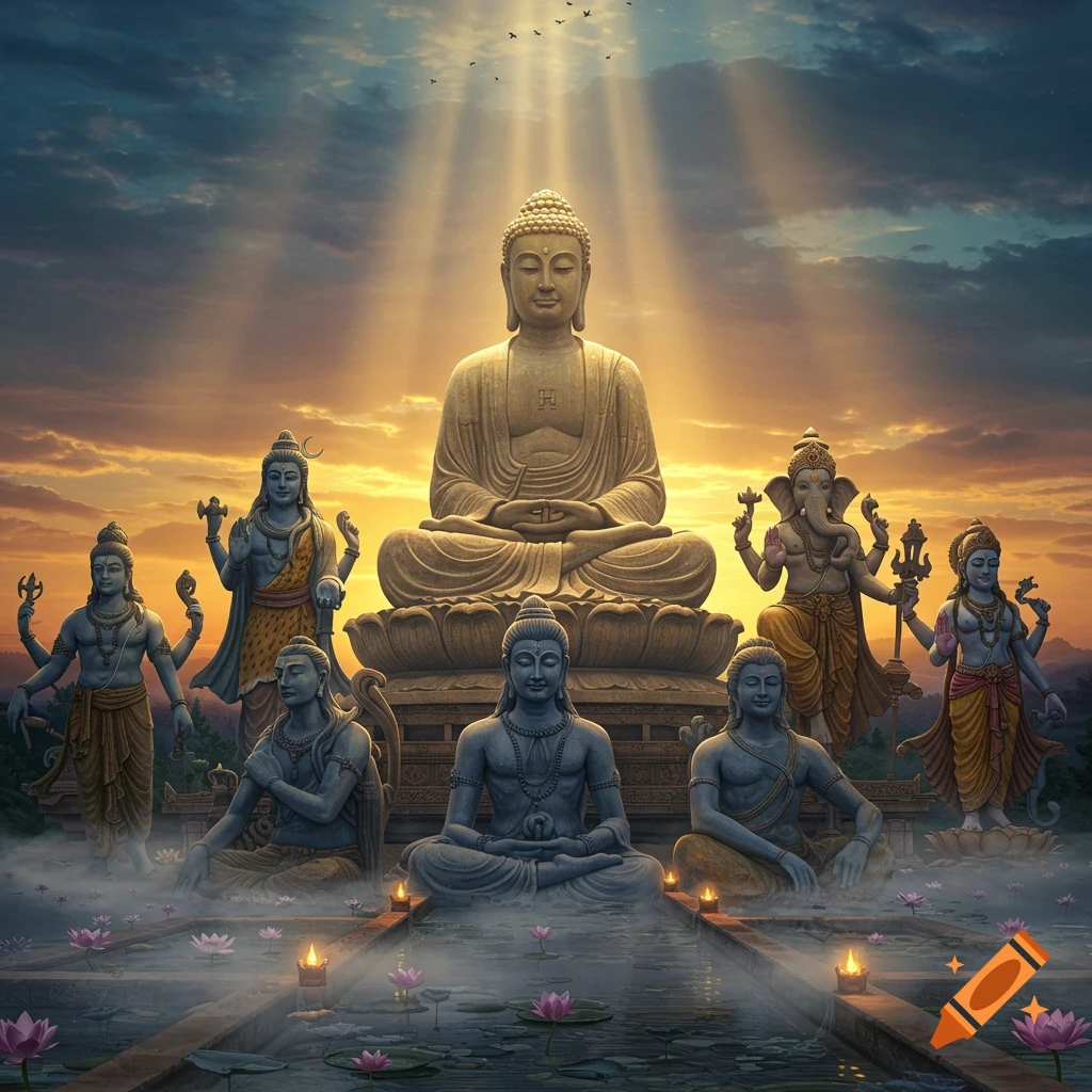 Large Buddha and Hindu deity statues in a serene sunset scene with glowing light, water lilies, and candles.