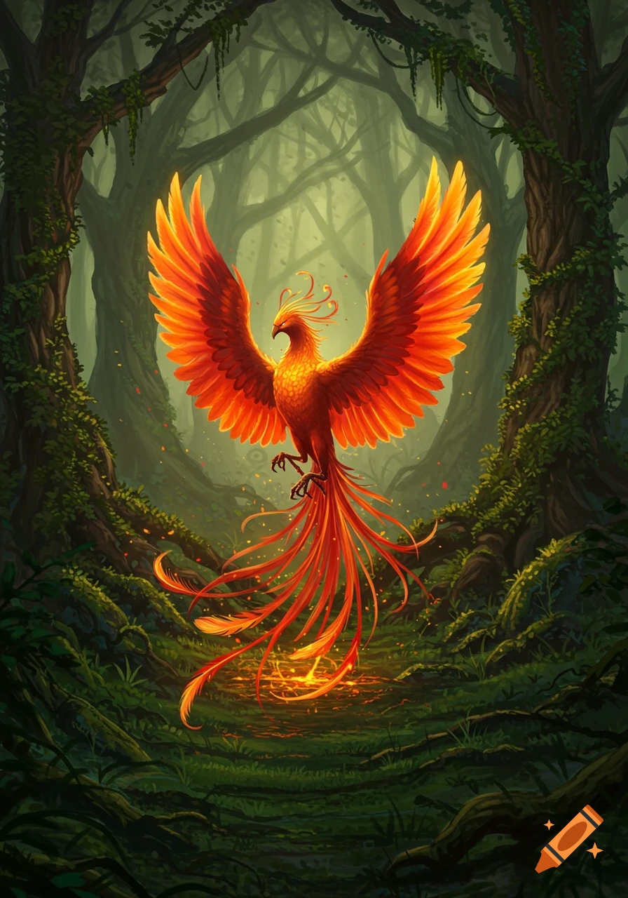 A vibrant orange and red phoenix with large wings spread, hovering in a dark, mystical forest.