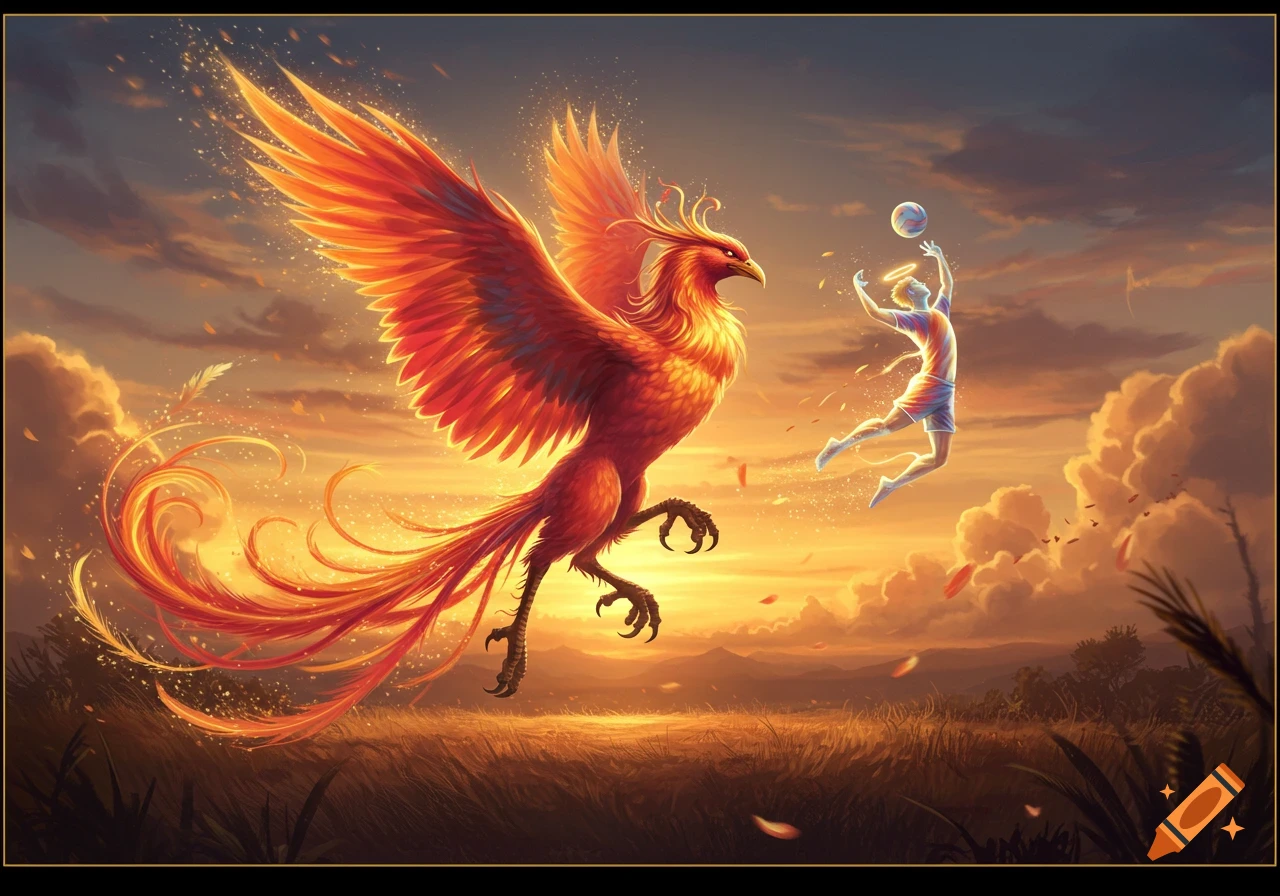 A majestic red and orange phoenix watches a glowing person jump to hit a volleyball in a golden sunset sky over a grassy field.
