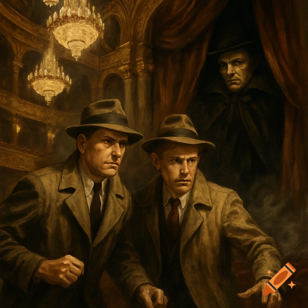 A dramatic, painterly image depicting two men in fedoras and trench coats looking intently forward, while a shadowy figure in a cape and hat looms in the background, set in a dark opera house with chandeliers.