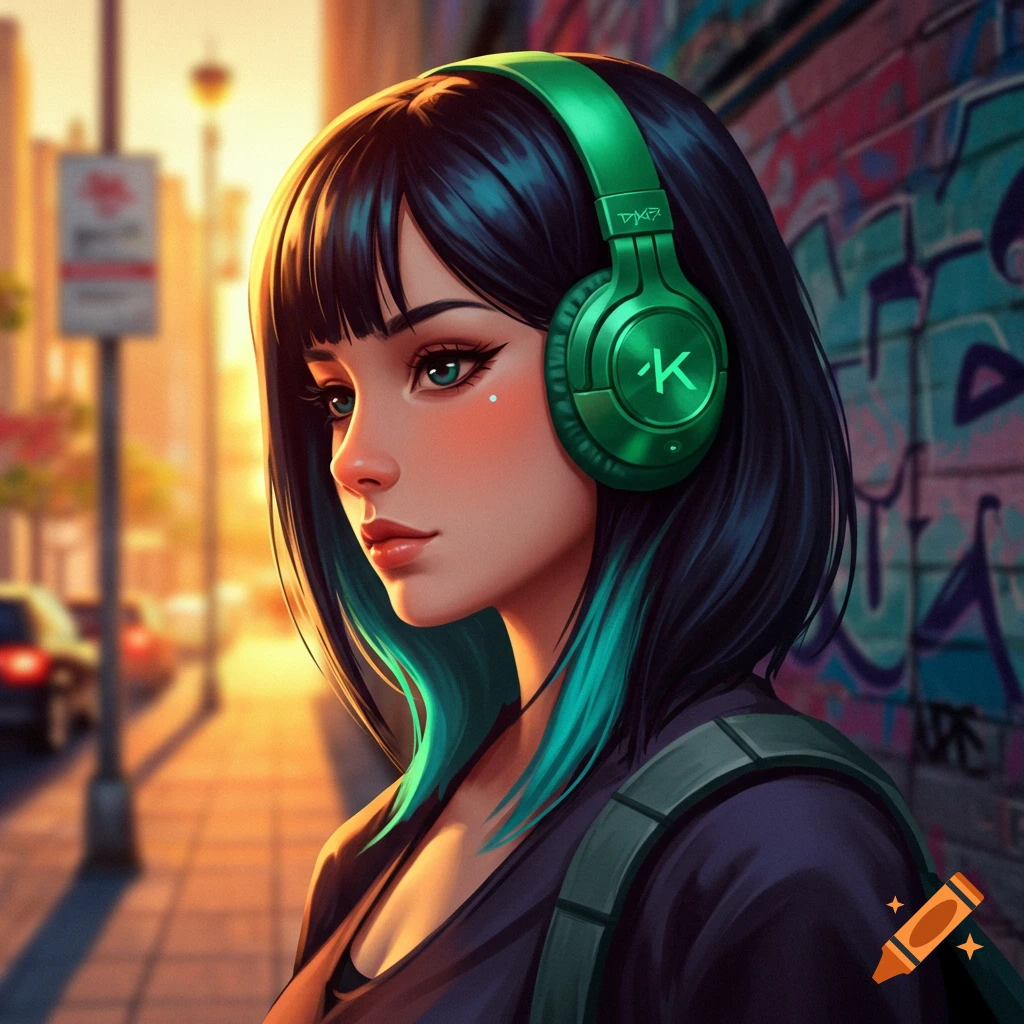 A stylized portrait of a girl with black and teal hair, wearing emerald green headphones, standing on an urban street with graffiti.