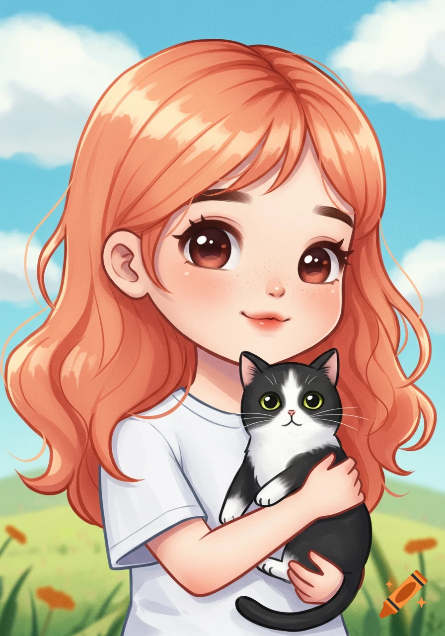 A cute cartoon girl with reddish-blonde hair and a white t-shirt holds a black and white cat in a field under a blue sky.