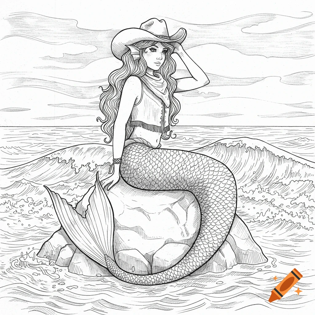 Line art drawing of a mermaid wearing a cowboy hat and vest, sitting on a rock in the ocean.