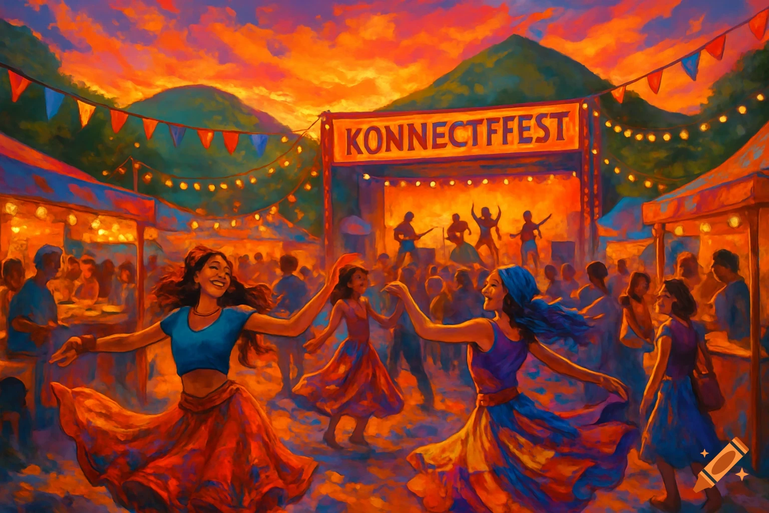 Vibrant painting of an outdoor festival at sunset. People dance and mingle among food stalls, a band performs on stage, and a banner reads 'Konnectffest'.