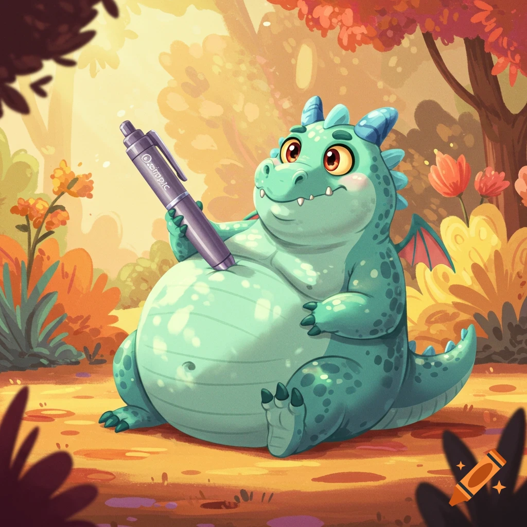 A cute, plump green cartoon dragon sits in a vibrant autumn forest, holding a purple pen.