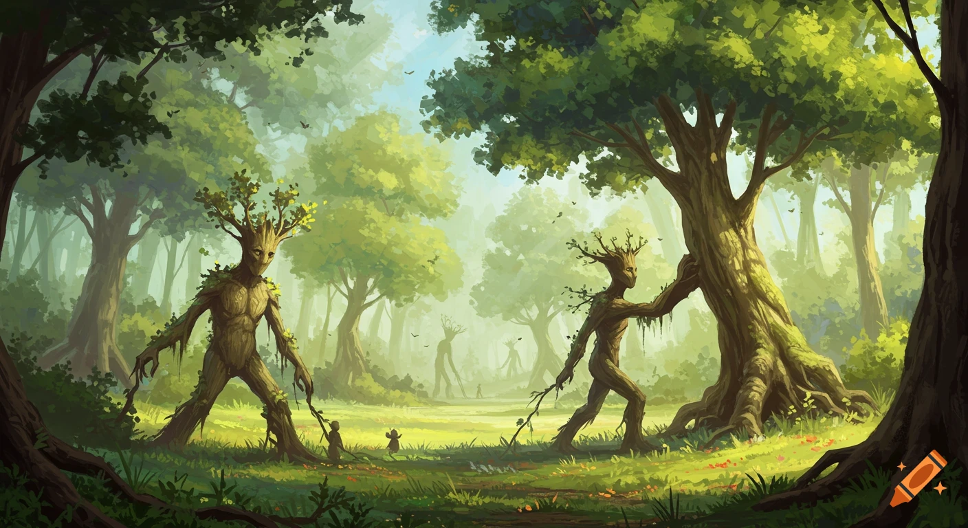 Two large Ent-like tree creatures walk through a sunlit, impressionistic forest with small animals.