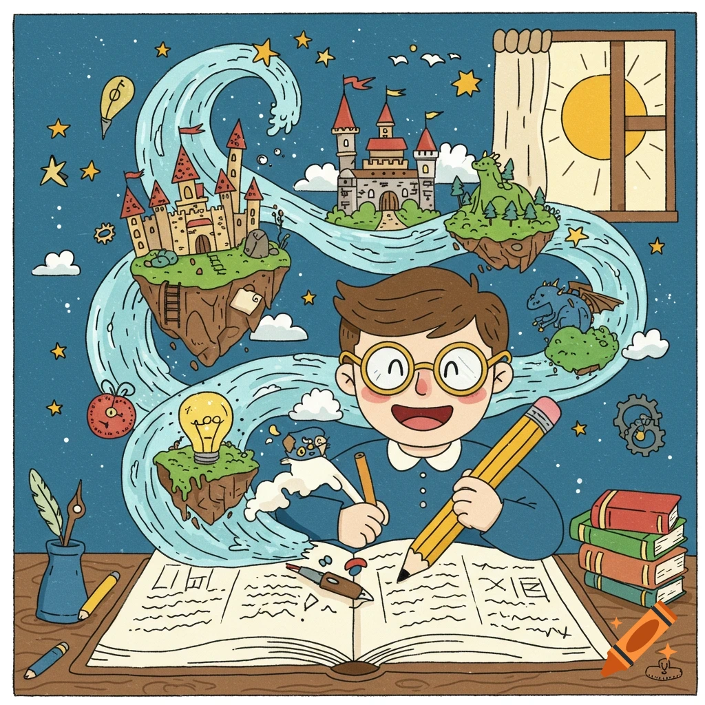 A whimsical illustration of a smiling boy with glasses writing in a large open book, with fantastical elements like floating castles, dragons, and a river of ideas emerging from the book.