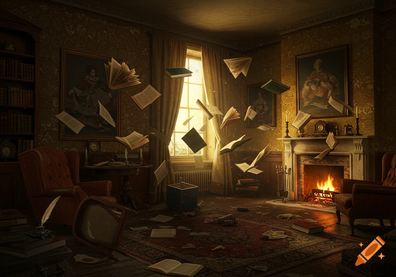A cluttered, ornate room with books floating in the air. A fireplace burns warmly, and light streams in from a large window.