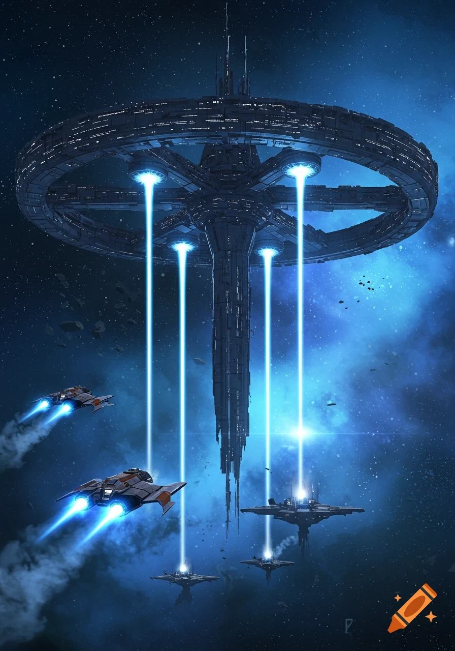 A large, dark circular space station in deep space emits multiple bright blue vertical beams towards smaller craft below, with two spacecraft flying by.