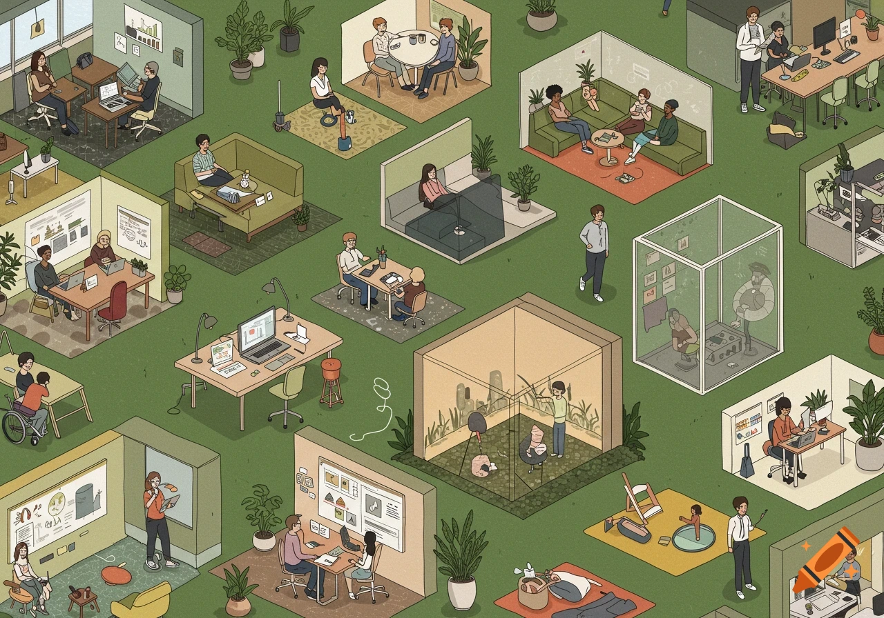 An isometric illustration of a diverse, modern workplace with people working in various settings like offices, collaborative spaces, and remote setups.