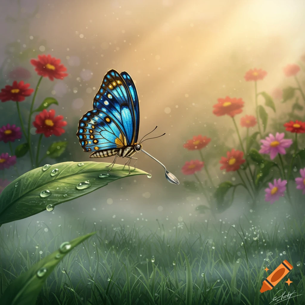 A vibrant blue butterfly with yellow spots perches on a dewy green leaf, holding a tiny silver spoon. Blurred red and pink flowers are in the background of a misty, sunlit garden.