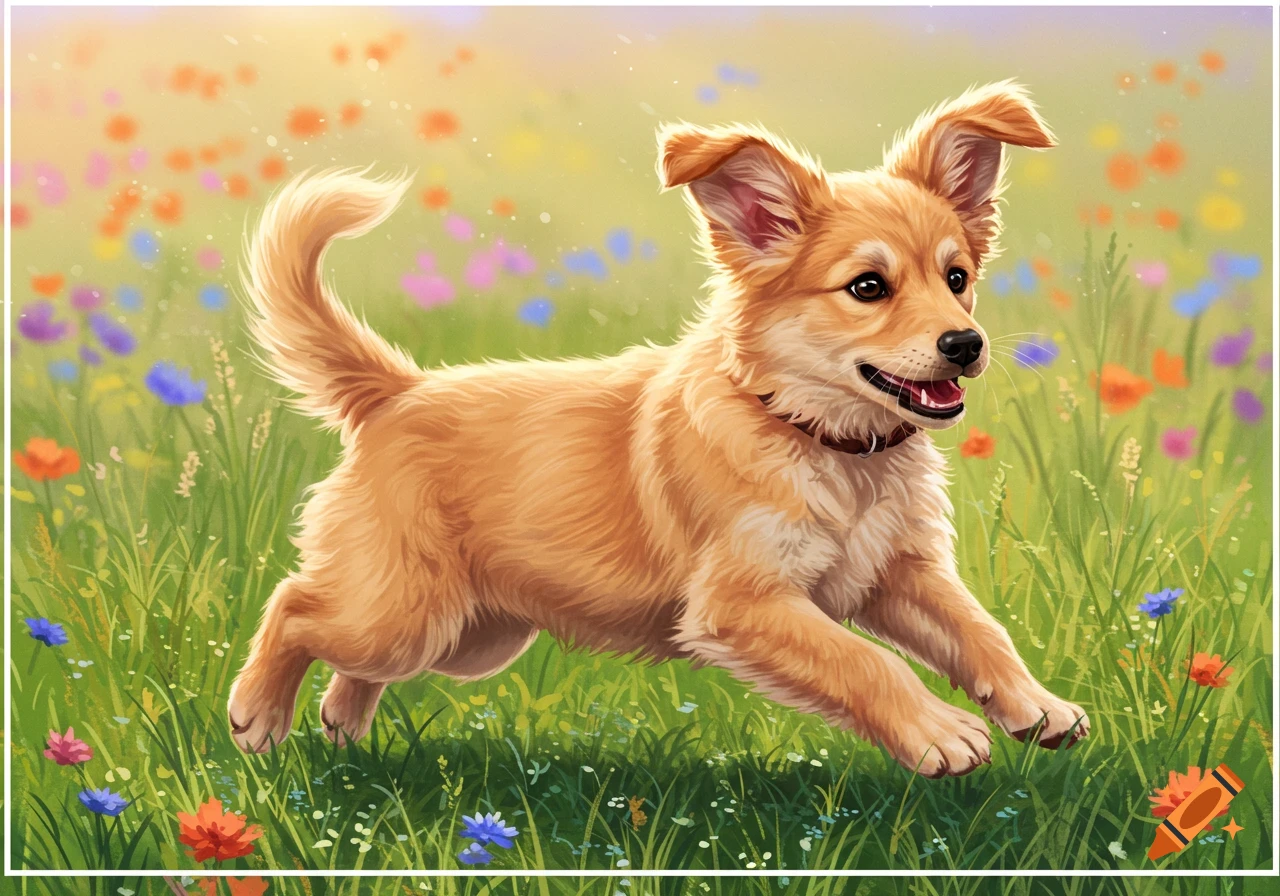 A happy golden puppy runs through a vibrant green field filled with colorful wildflowers under a bright sky.