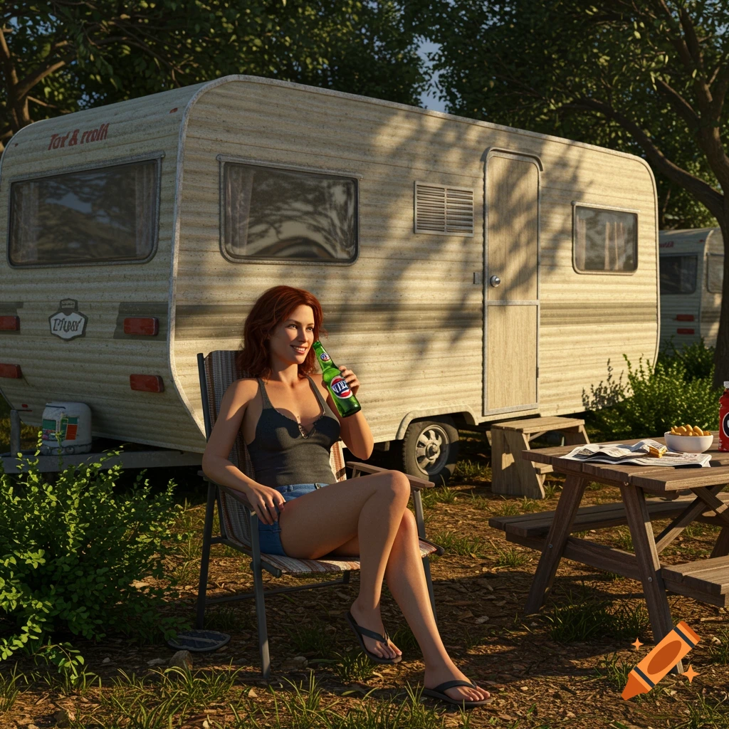 A woman with red hair sits in a chair, drinking beer next to a caravan in a sunny park with trees.