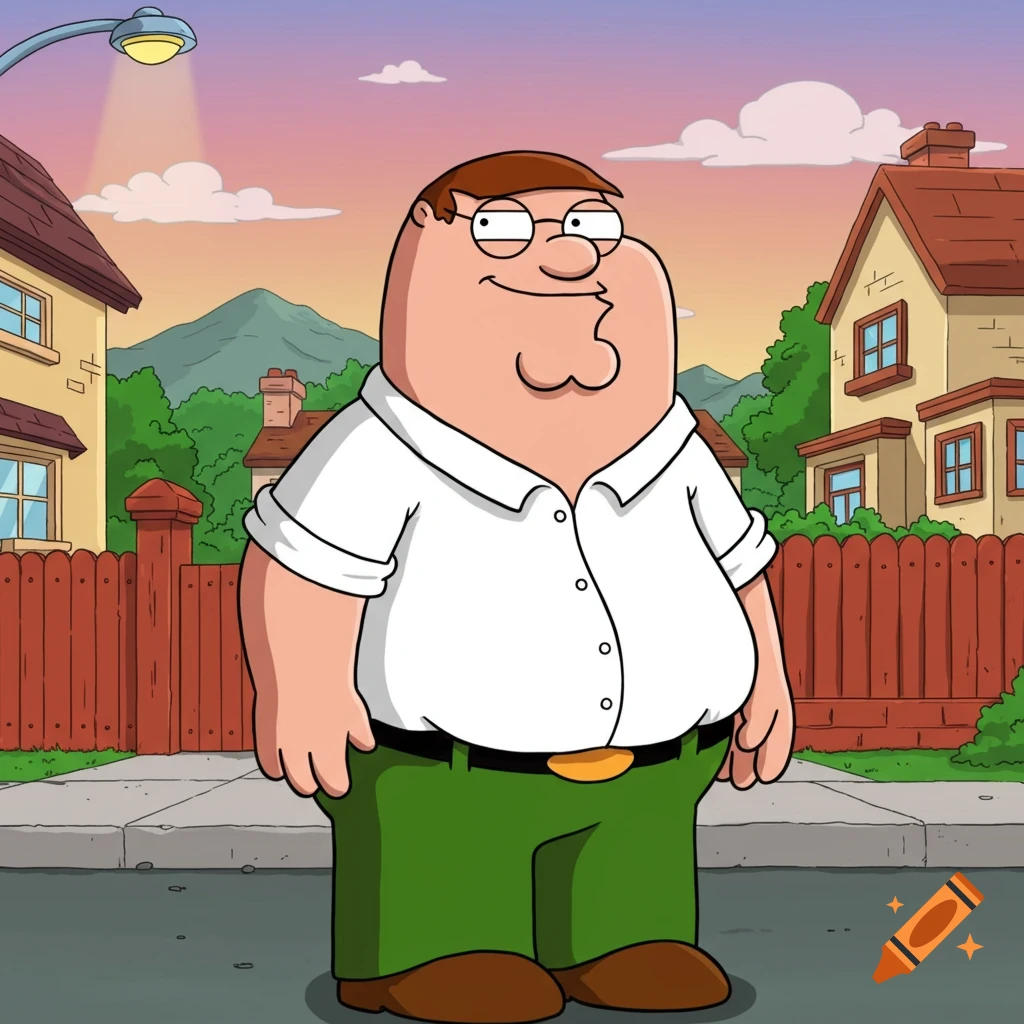 Peter Griffin from Family Guy stands in a cartoon neighborhood with houses and a street light.