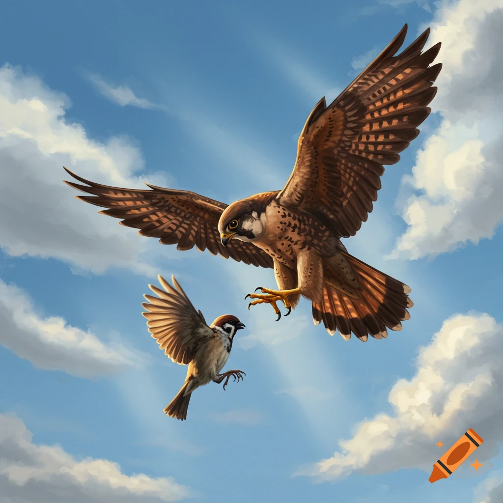 A large brown falcon with outstretched wings dives towards a smaller brown bird in a blue sky with white clouds.