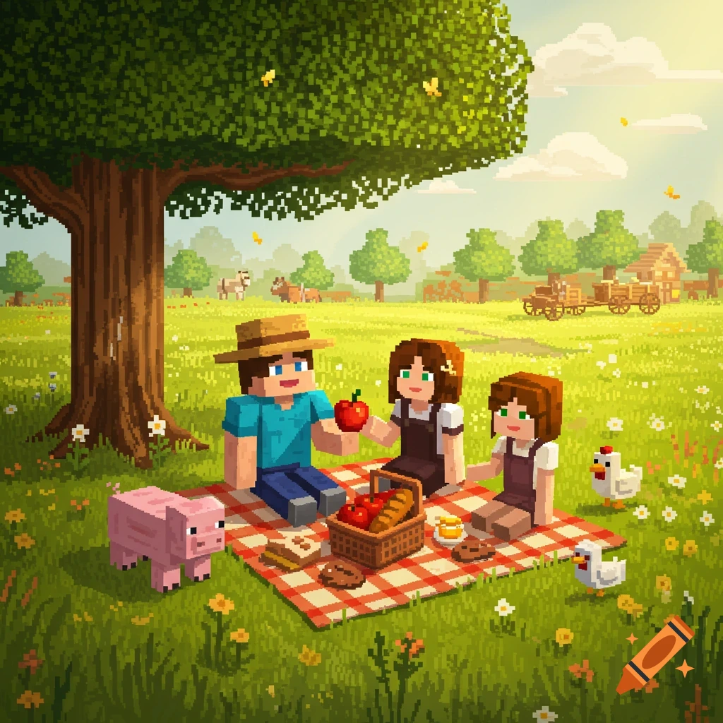 Minecraft-style pixel art of two blocky characters picnicking with a pig and chickens under a large tree in a sunny meadow.