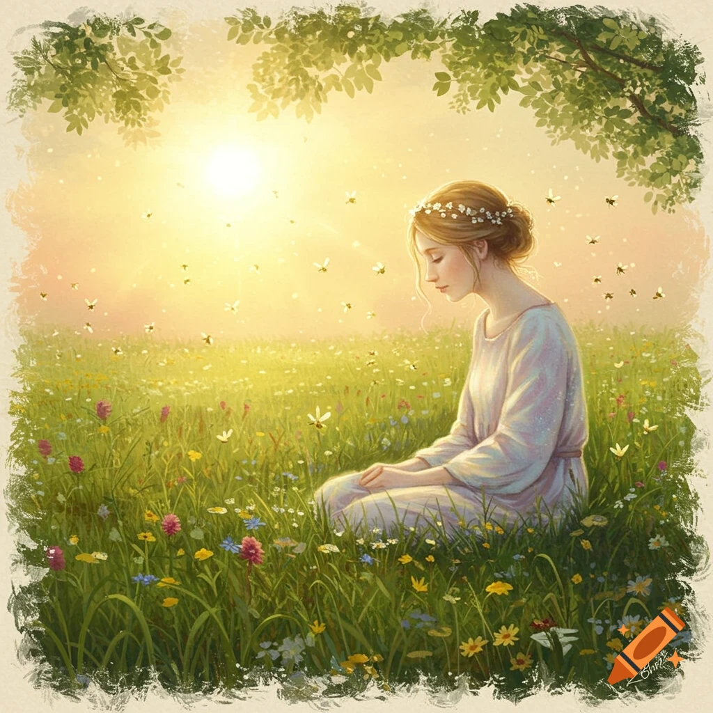 A serene woman with a flower crown sits in a sunny meadow amidst wildflowers and glowing midges, in an illustrative style.