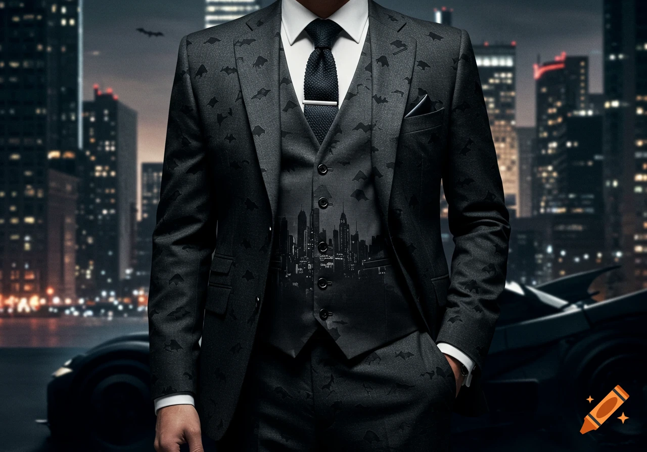 A man in a sharp, dark three-piece suit adorned with subtle bat symbols and a cityscape design on the vest, against a blurred nighttime city skyline with a partial view of a black car.