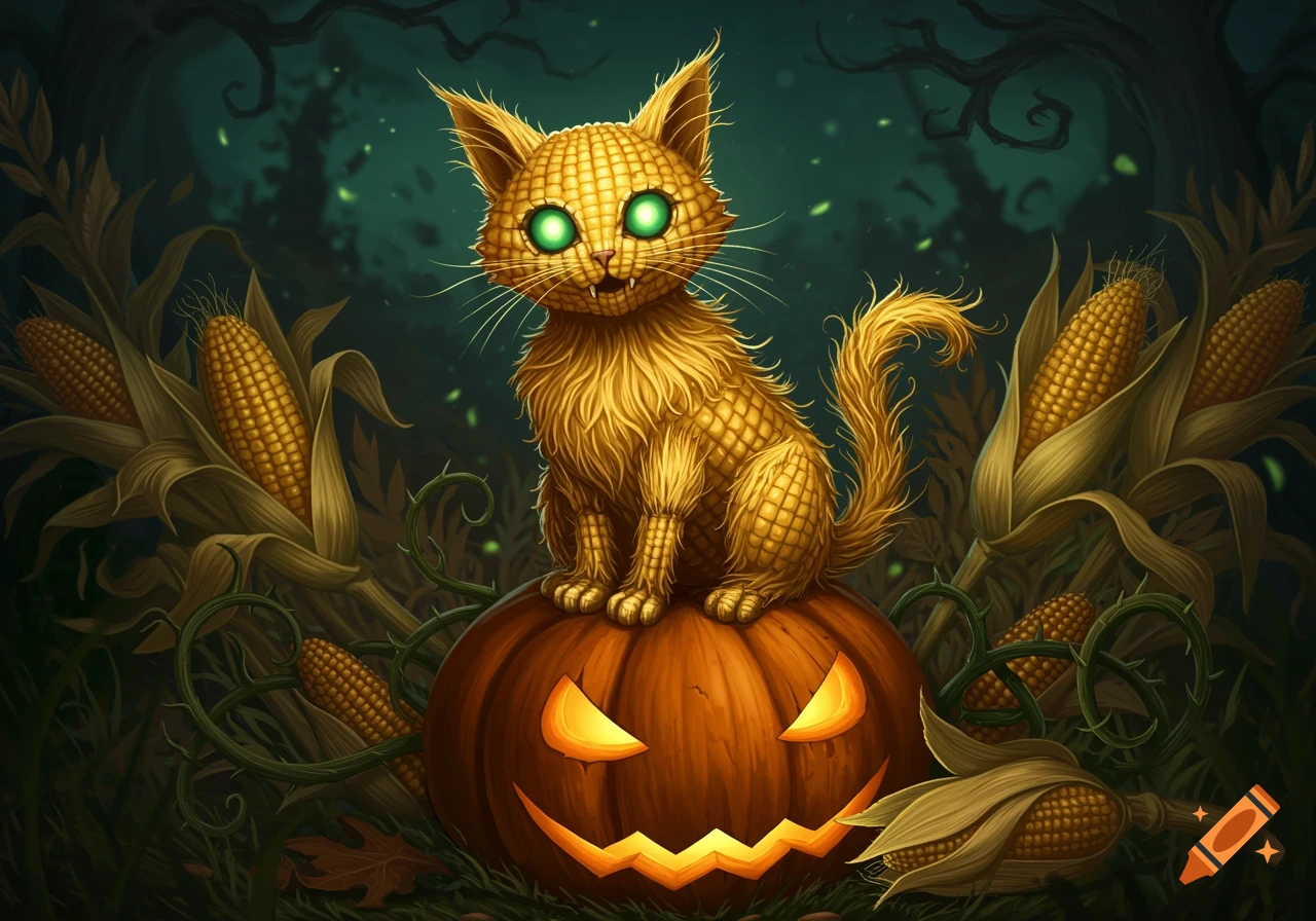 A stylized cat made of corn with glowing green eyes sits on a jack-o'-lantern in a dark, spooky cornfield.