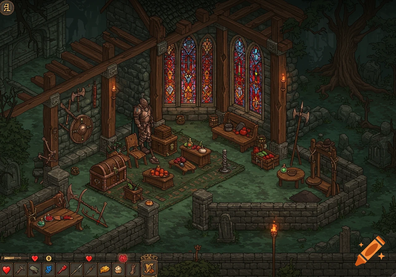 Isometric pixel art of a ruined dark fantasy building interior with weapons, armor, stained glass, and game UI elements.
