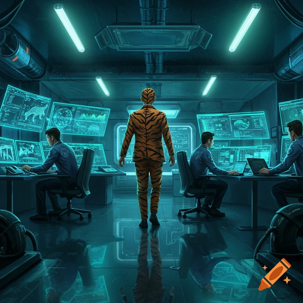 A man in a tiger-striped suit stands in a futuristic control room with multiple glowing screens, while other men work at computer stations.