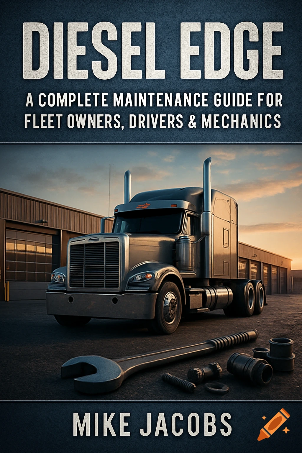 DIESEL EDGE book cover featuring a gray semi-truck, a large wrench, and engine parts at sunrise in front of a garage.