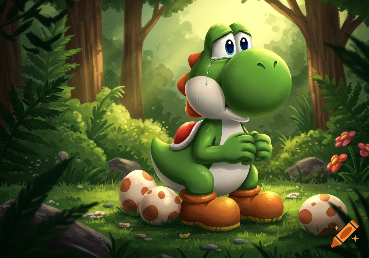 Crying green Yoshi sitting in a forest with spotted eggs on the ground, in a digital illustration style.