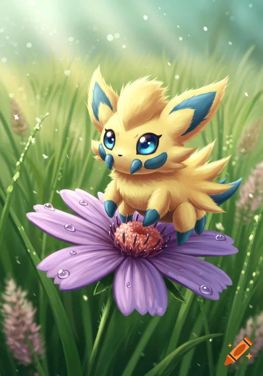 A cute yellow and blue furry creature with large blue eyes sits on a purple flower in a grassy field, depicted in an illustrative style.
