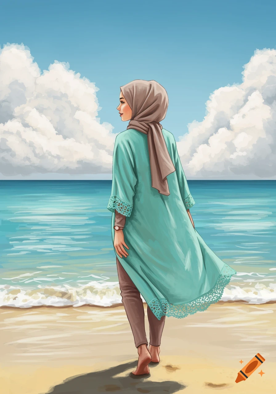 Illustration of a woman in a hijab and teal outfit walking on a sandy beach, looking at the ocean.