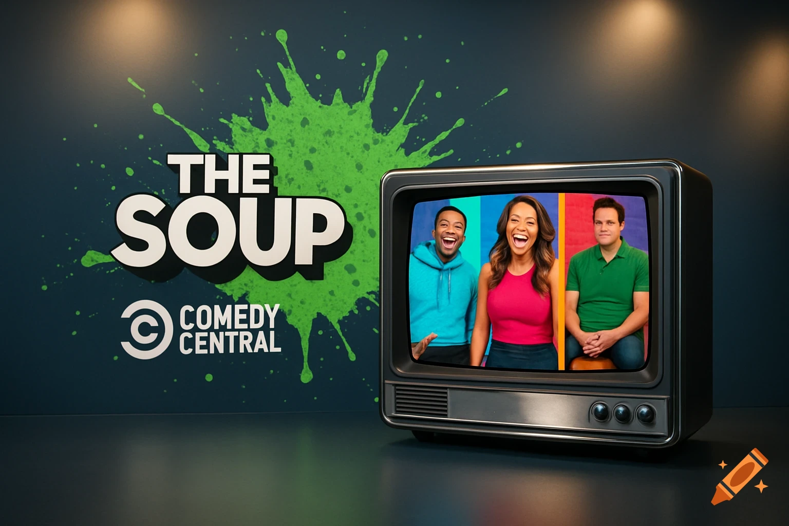 The Soup and Comedy Central logos with green splatters on a dark background, next to a vintage TV displaying three laughing hosts.