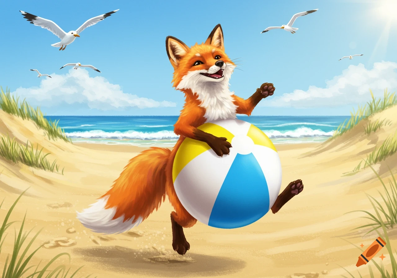 A happy cartoon fox with a beach ball for a belly stands on a sunny beach with seagulls flying overhead.