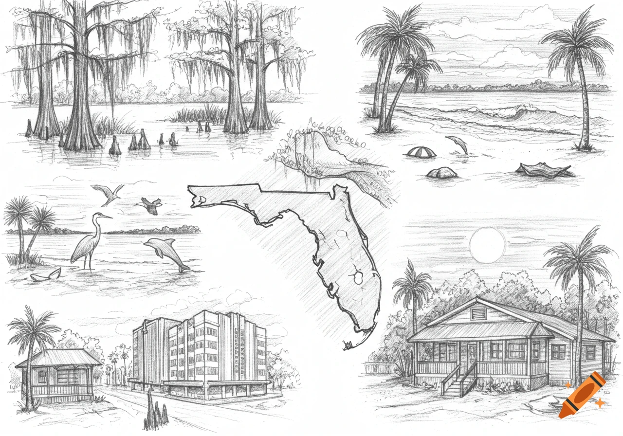Pencil sketches of Florida, showing swamps with cypress trees, a beach with palm trees, a map of Florida, a bird and dolphin, and various buildings.