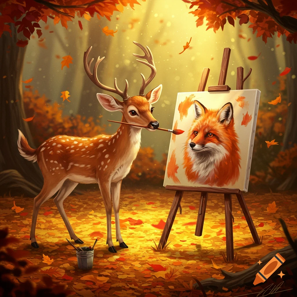 A whimsical deer painting a fox on an easel in a vibrant autumn forest.