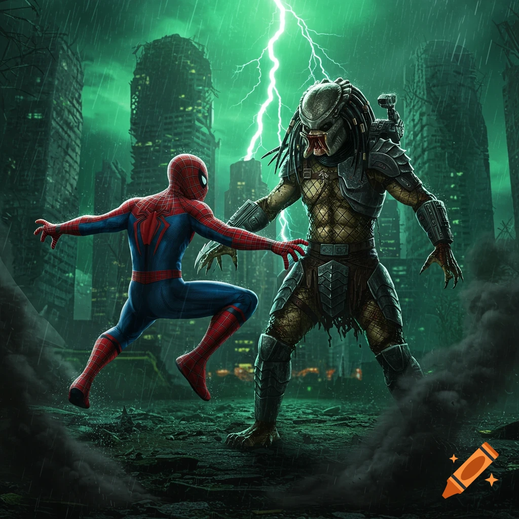 Spider-Man confronts Predator in a ruined city under a stormy green sky with lightning, in a detailed illustration.