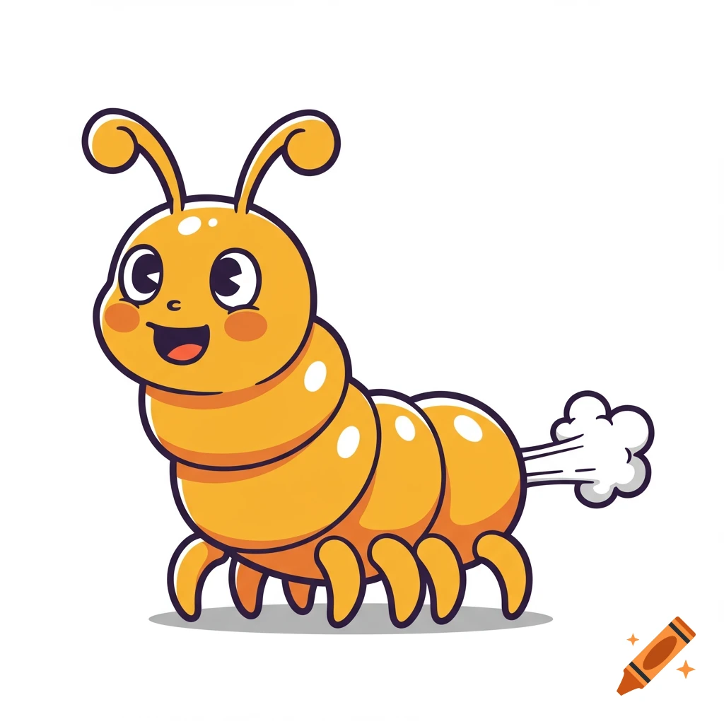 A cute yellow cartoon cootie character with antennae, big eyes, and a smile, releasing a white cloud-like fart from its rear.