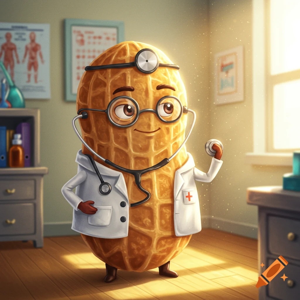 A cartoon peanut character wearing glasses and a white doctor's coat with a stethoscope, standing in a brightly lit doctor's office.
