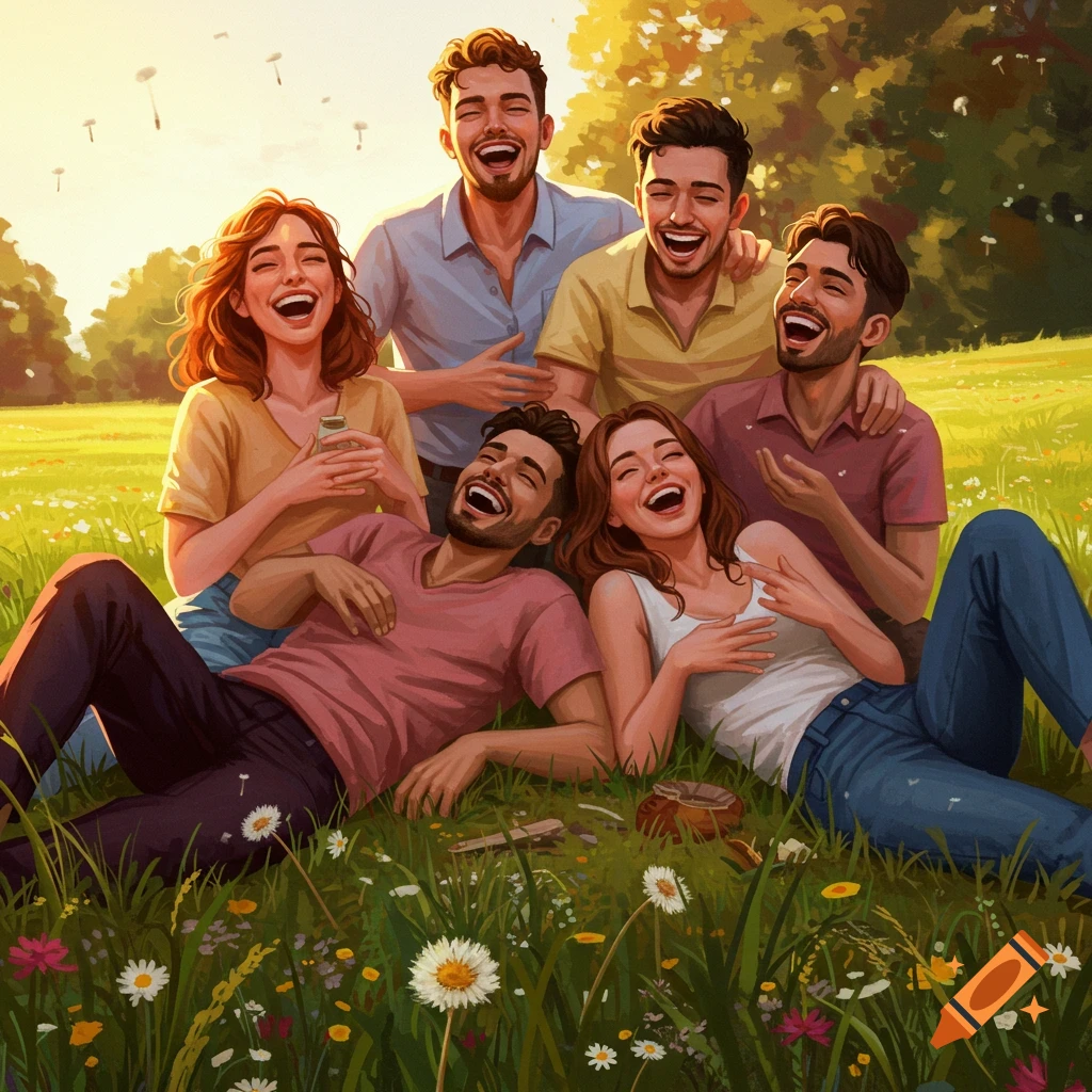 Six diverse friends laughing heartily together in a sunny, grassy field filled with wildflowers, depicted in a stylized illustration.