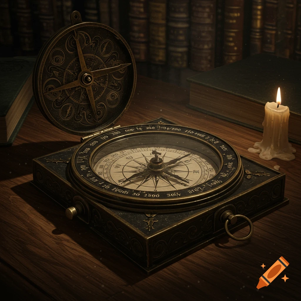 A vintage nautical compass on a wooden desk with books and a lit candle in a dark, atmospheric setting.
