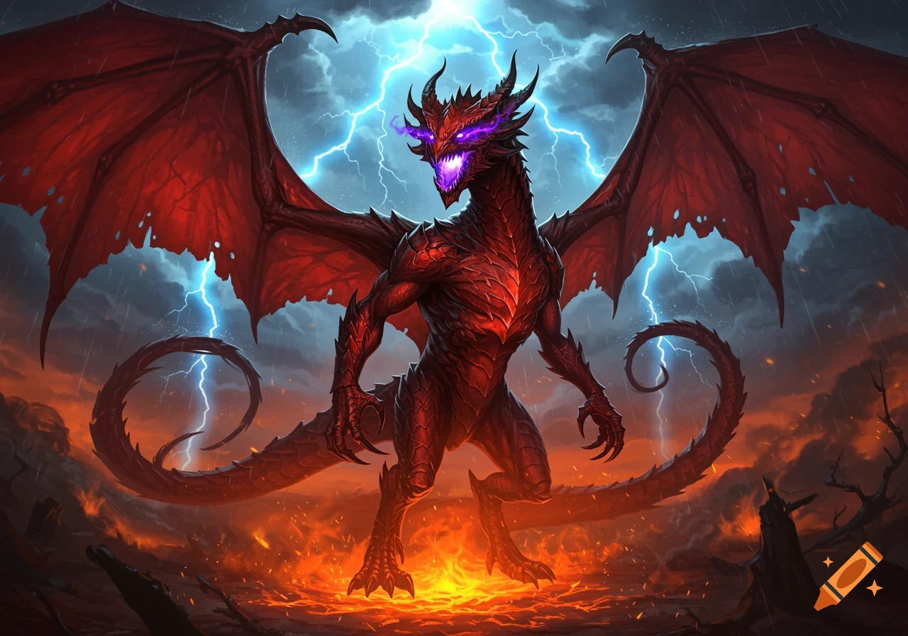A terrifying red dragon with large red wings, flaming purple eyes, and sharp claws stands amidst a fiery landscape under a stormy sky with lightning.