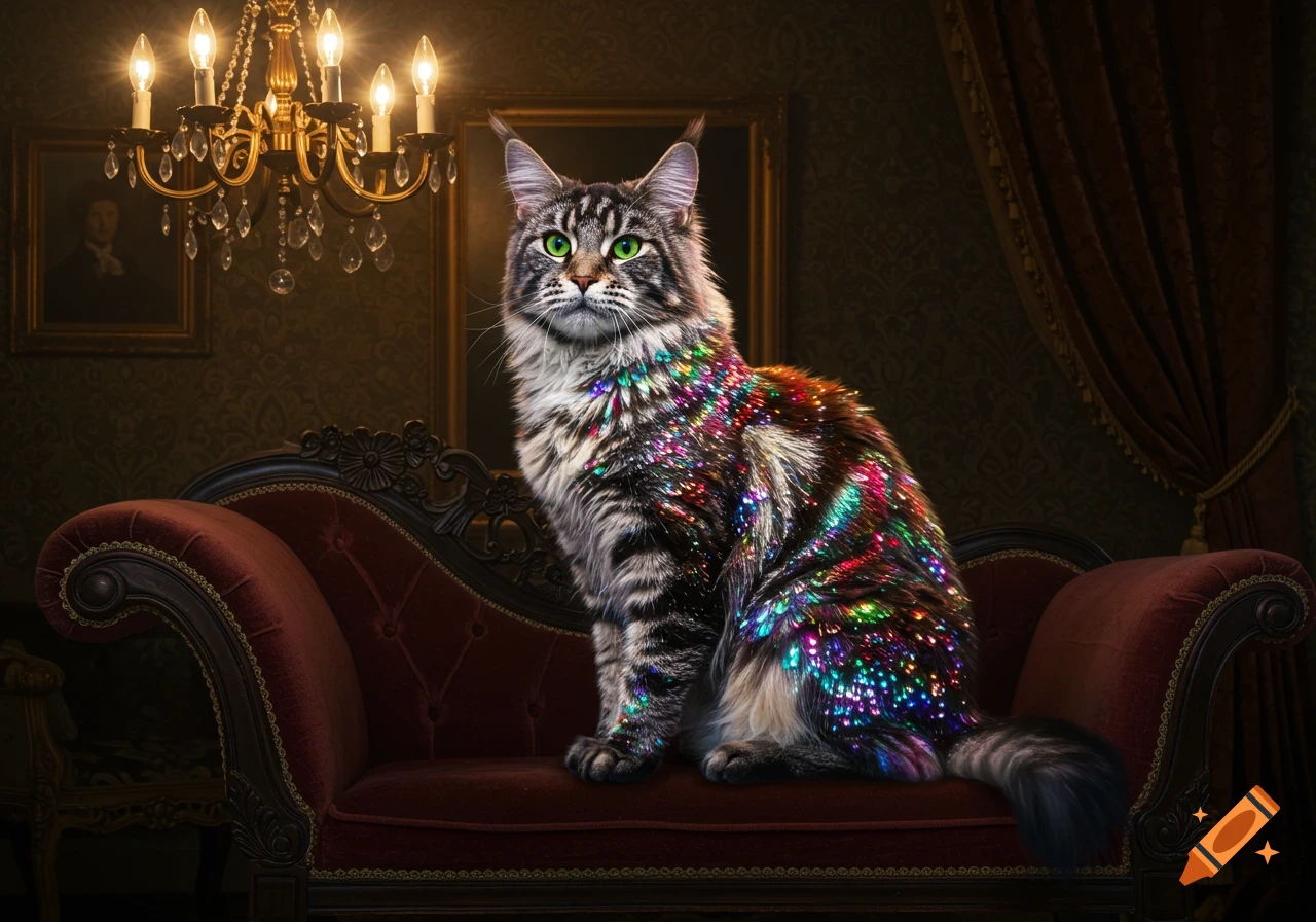 A majestic Maine Coon cat with multi-colored sequin fur sits on a red velvet couch in an opulent room with a chandelier.