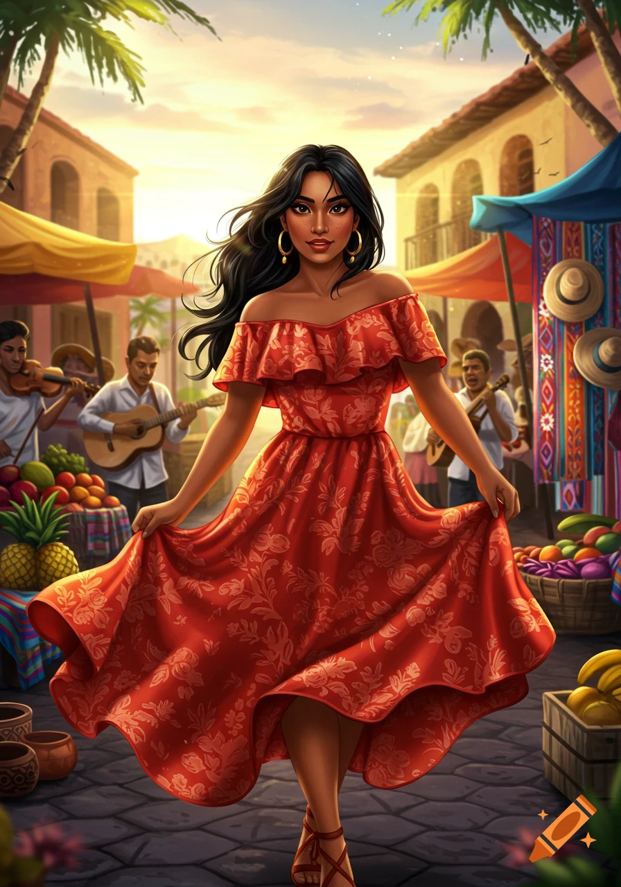 A beautiful Latina woman in a flowing red dress poses in a vibrant, sunny outdoor market with musicians and fruit stalls, digital painting.