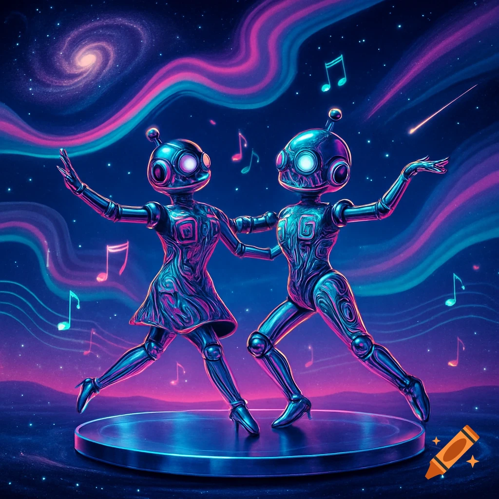 Two metallic robots with glowing eyes dance on a circular platform against a vibrant cosmic background with neon waves, stars, and musical notes.
