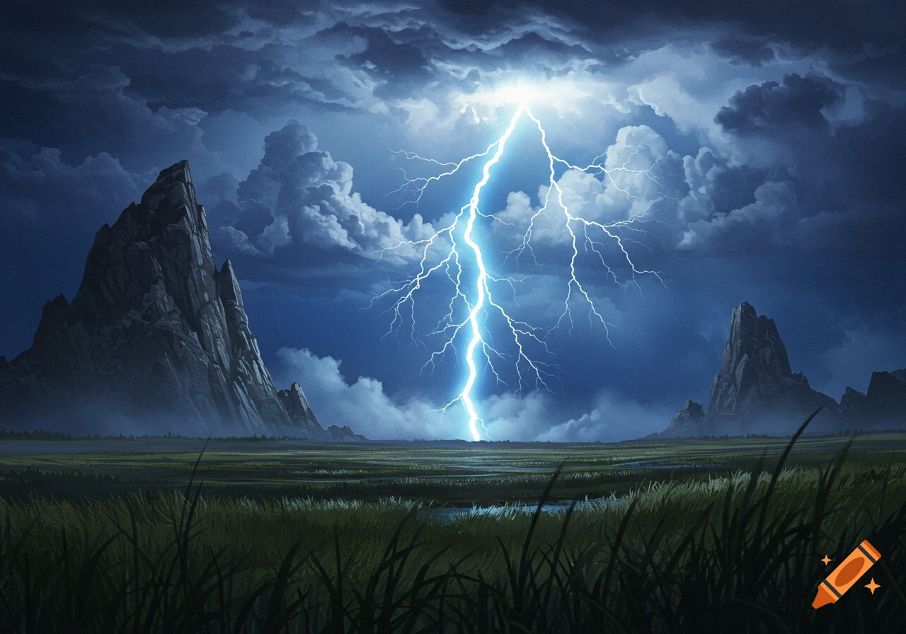 A dramatic lightning bolt illuminates dark storm clouds over jagged mountains and a vast green field.