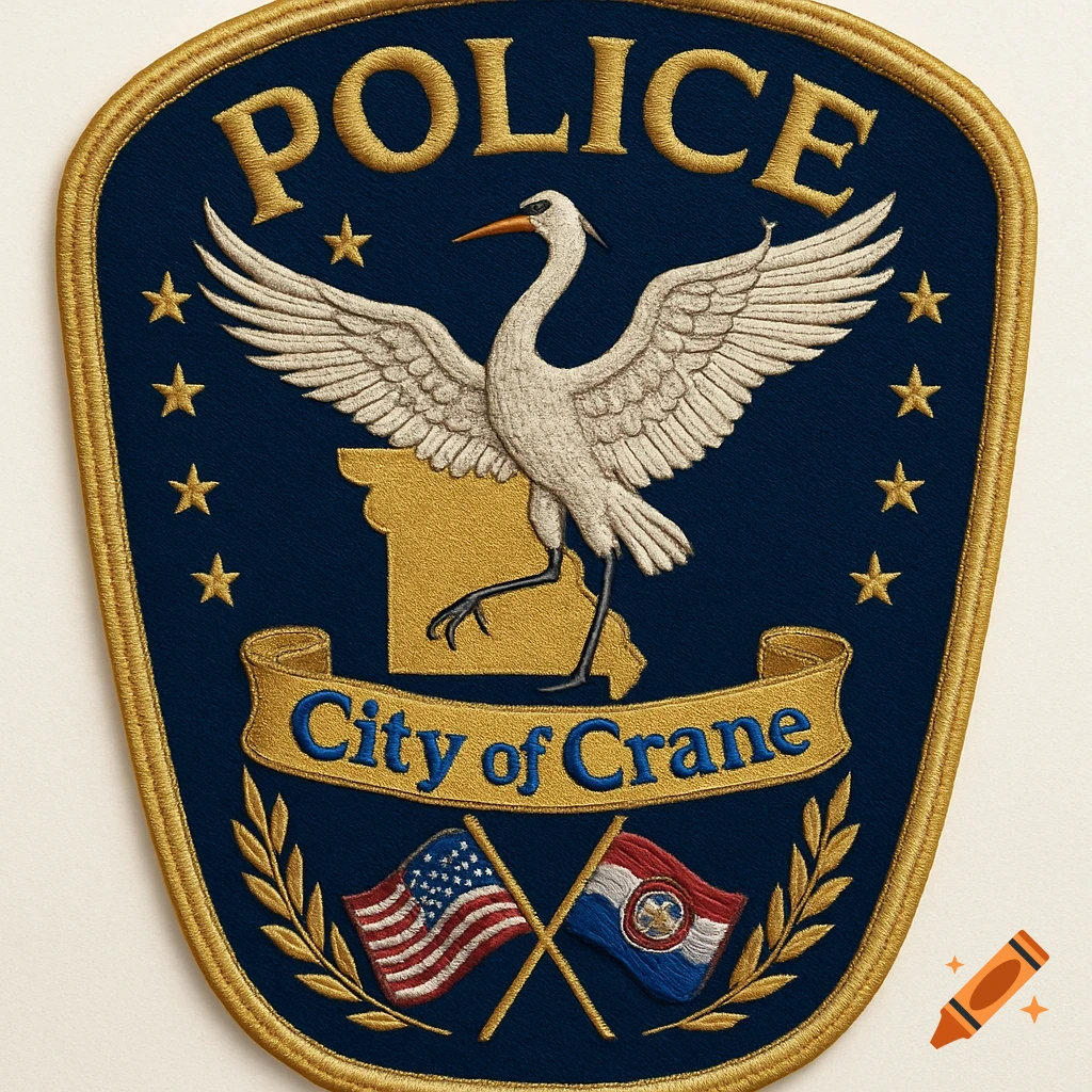 Embroidered police patch for City of Crane featuring a white crane, state of Missouri, and crossed flags.