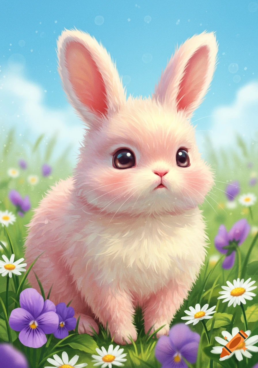 A cute, fluffy pink bunny with large eyes sits in a vibrant green field filled with colorful flowers under a bright blue sky, in an illustrative style.